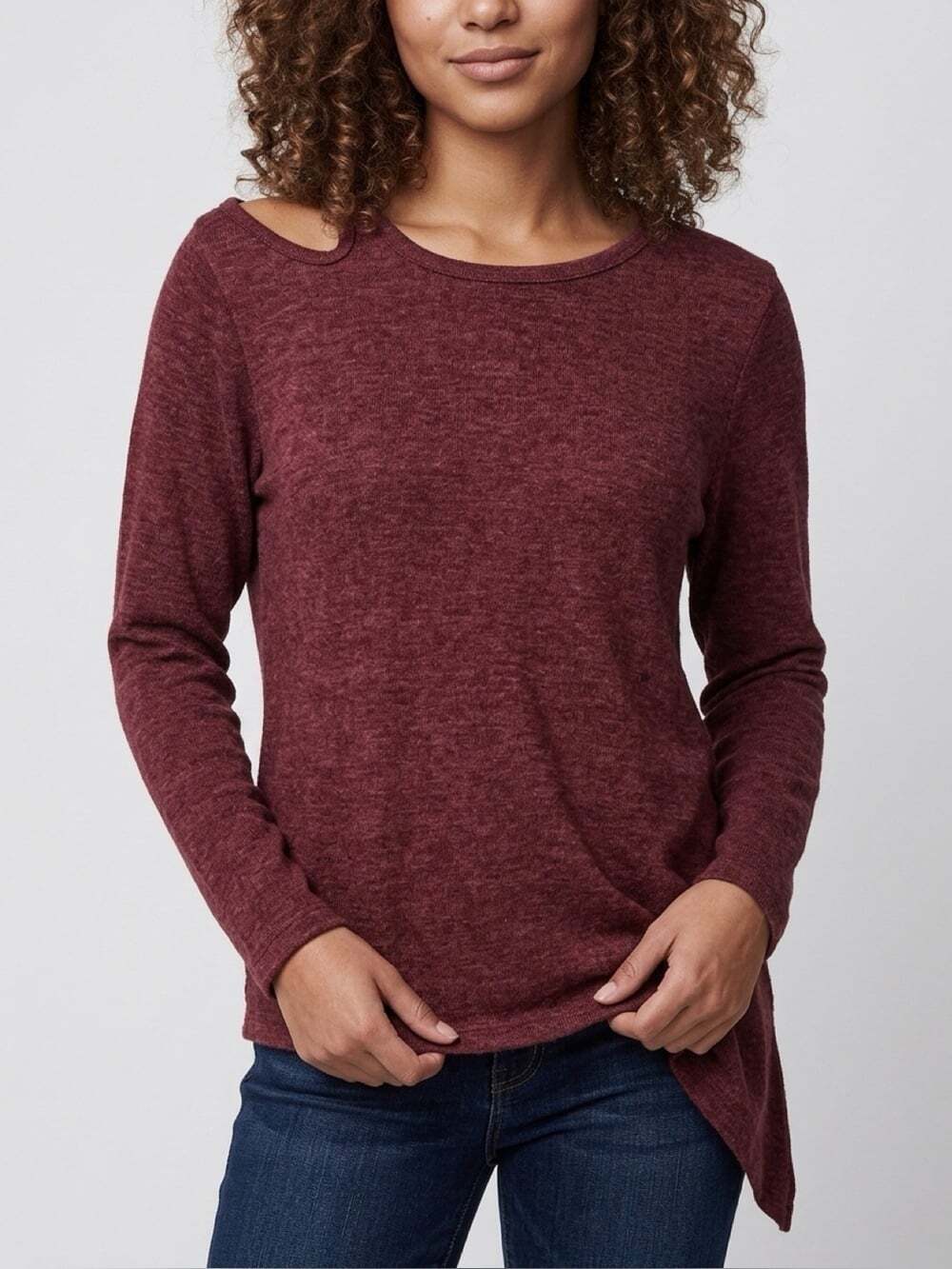 Democracy Burgundy Long Sleeve Asymmetrical Cold Shoulder Beaded Trim Top